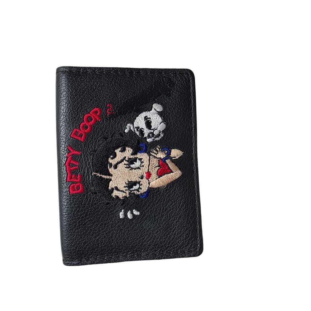 Vintage Betty Boop Embroidered Black Leather Card Holder Wallet ID Case.